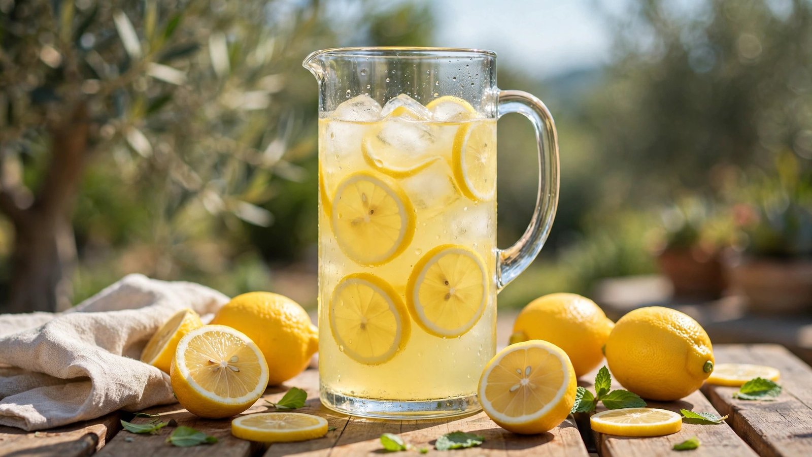 ADE NYT crossword answer to 'Drink suffix' clue — tall glass pitcher of lemonade with fresh lemons and ice
