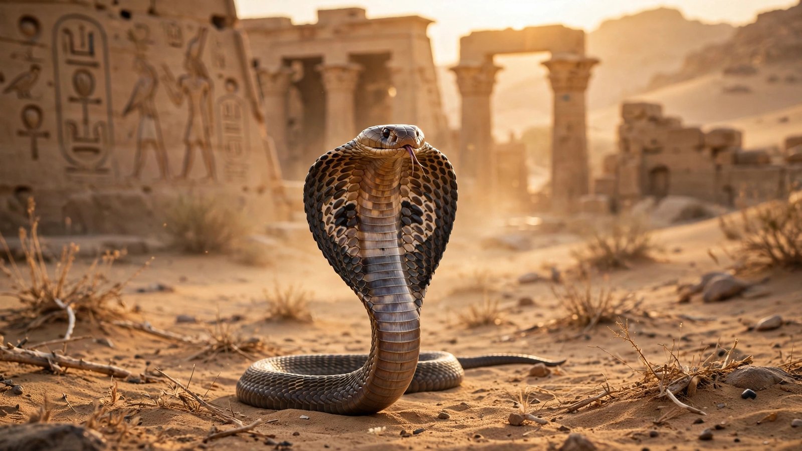 ASP NYT crossword answer to 'Egyptian snake' clue — Egyptian cobra with flared hood in desert setting