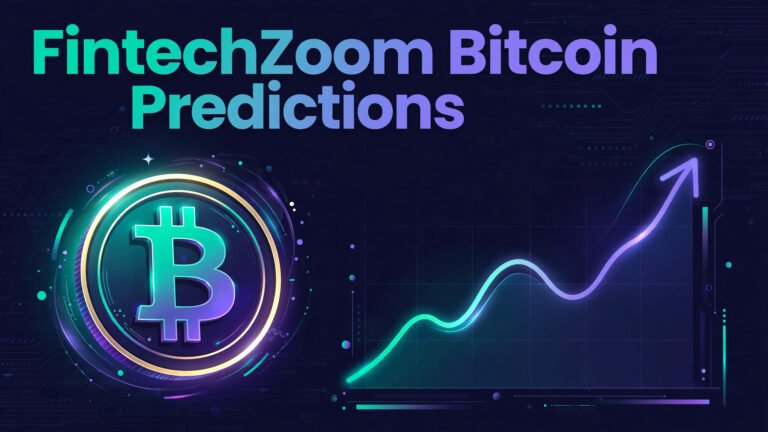 FintechZoom Bitcoin price predictions banner — glowing Bitcoin symbol with rising price chart