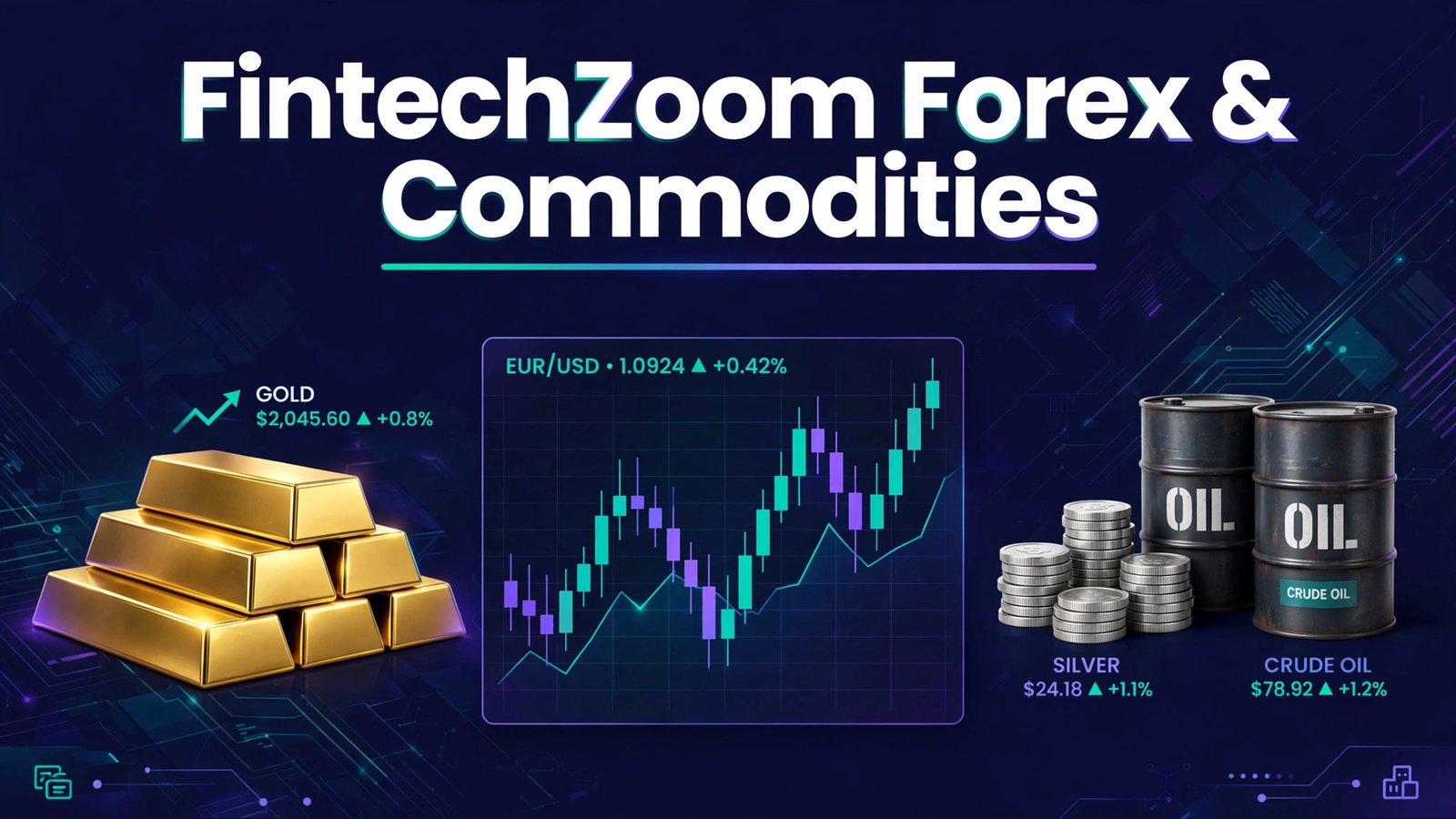 FintechZoom forex and commodities coverage — gold bars, silver coins, crude oil barrels and EUR/USD candlestick chart