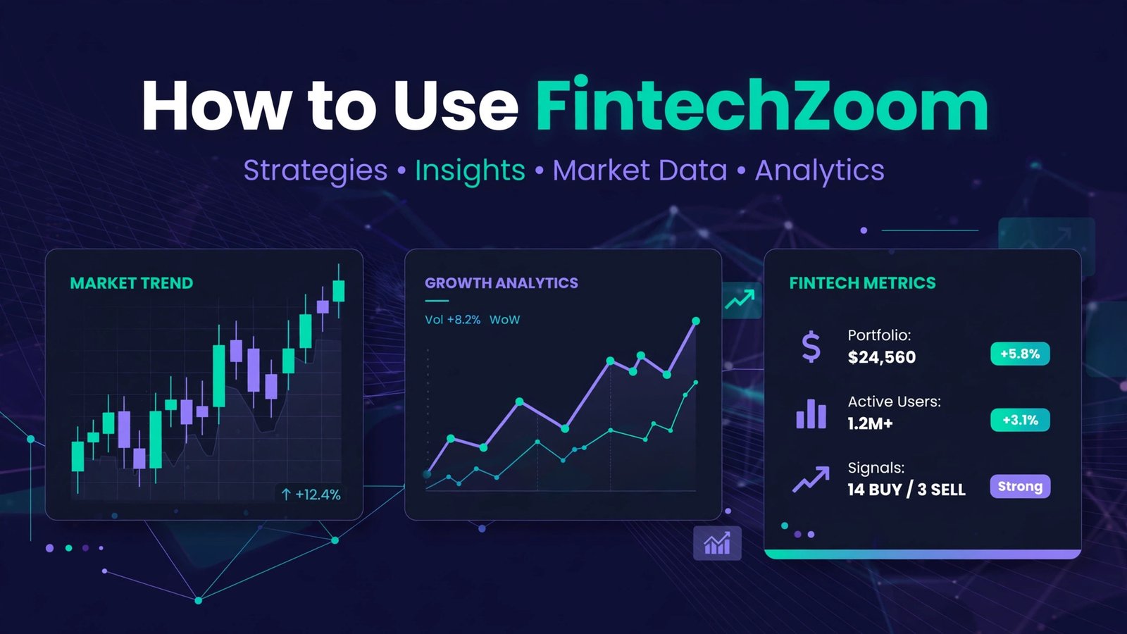 How to Use FintechZoom — beginner's guide banner with market charts and analytics dashboard