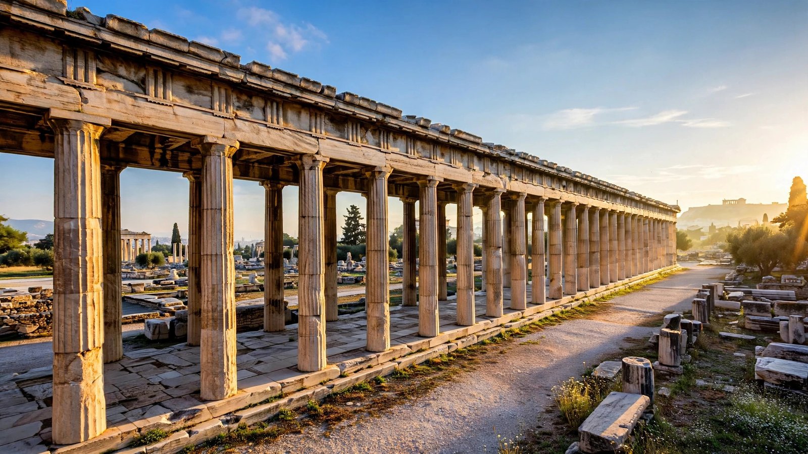 STOA NYT crossword answer to 'Greek colonnade' clue with ancient Greece theme — stone columns of the Stoa of Attalos in Athens