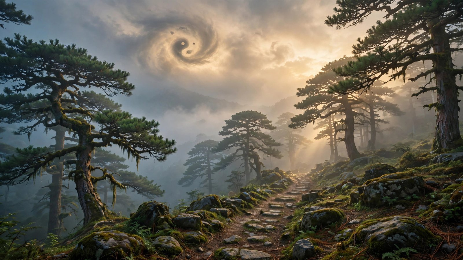 TAO NYT crossword answer to Laozi's 'the Way' clue with Taoist philosophy theme — misty mountain path at dawn with yin-yang mood
